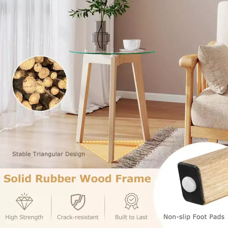 Mesa auxiliar moderna de vidrio templado con tablero transparente y estructura de madera de caucho