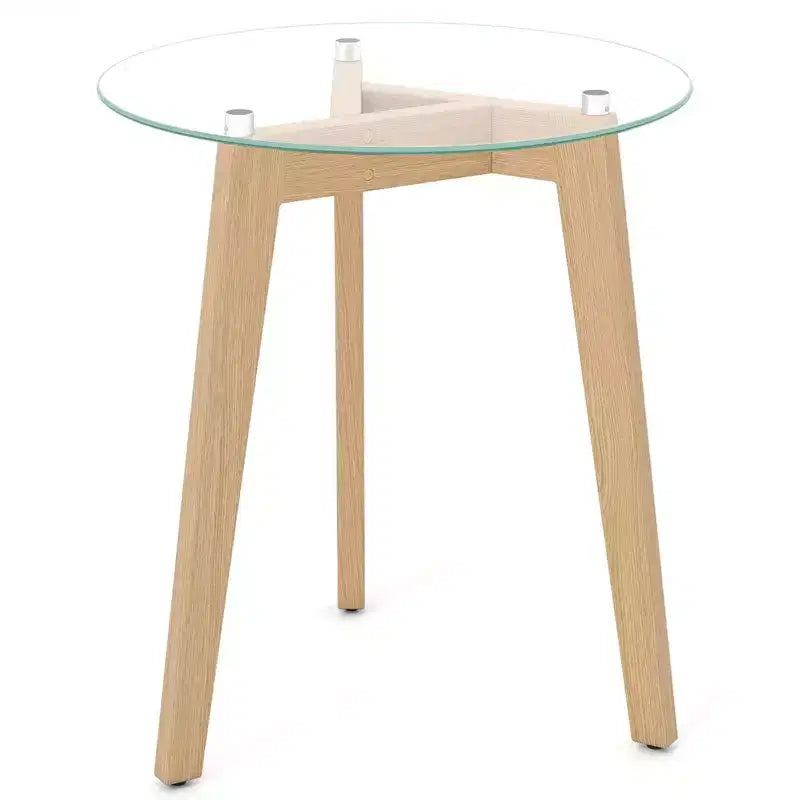 Mesa auxiliar moderna de vidrio templado con tablero transparente y estructura de madera de caucho