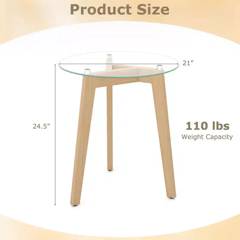 Mesa auxiliar moderna de vidrio templado con tablero transparente y estructura de madera de caucho