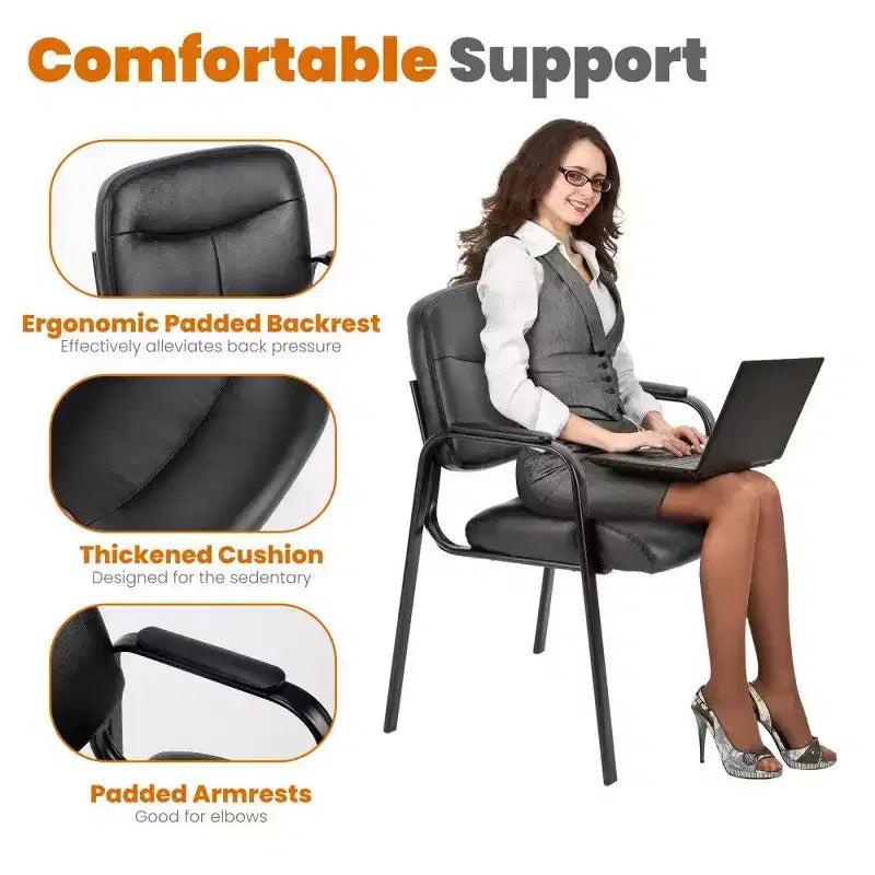 Silla de recepción sin ruedas, silla clásica de cuero sintético para invitados con reposabrazos acolchados, capacidad de 250 libras para oficina