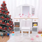 Kids Vanity with Tri-Fold Mirror, Little Girls Vanity Table & Stool With Drawer & Open Shelves for 3-9 Years Girls White