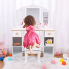 Tocador para niños con espejo de tres pliegues, mesa de tocador y taburete para niñas pequeñas con cajón y estantes abiertos para niñas de 3 a 9 años, blanco