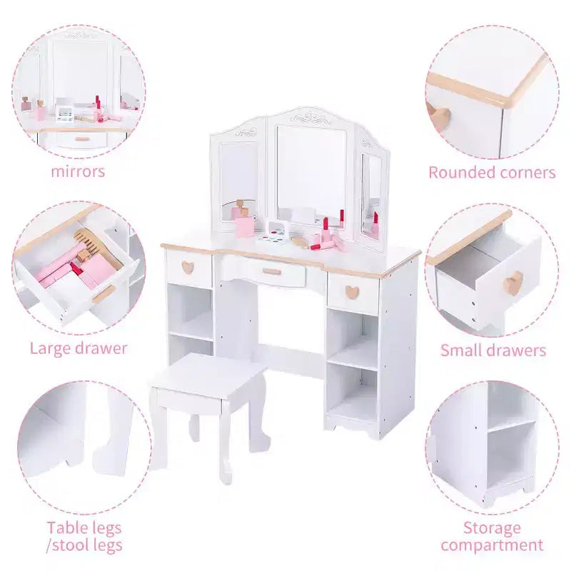 Tocador para niños con espejo de tres pliegues, mesa de tocador y taburete para niñas pequeñas con cajón y estantes abiertos para niñas de 3 a 9 años, blanco