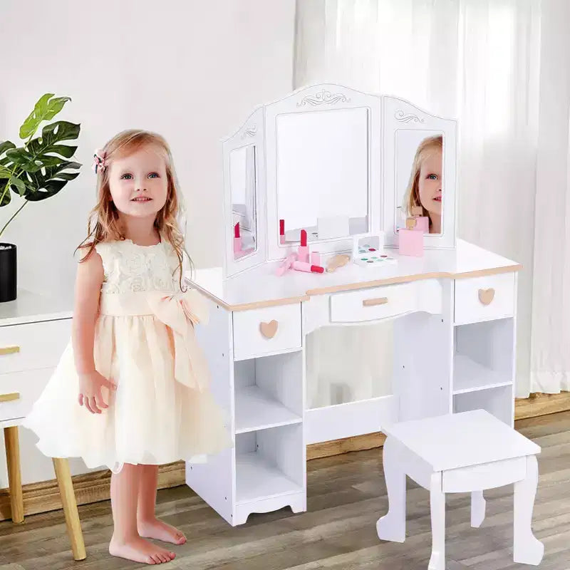 Tocador para niños con espejo de tres pliegues, mesa de tocador y taburete para niñas pequeñas con cajón y estantes abiertos para niñas de 3 a 9 años, blanco