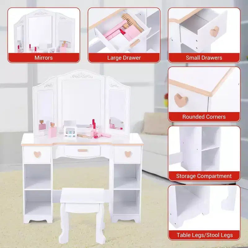 Tocador para niños con espejo de tres pliegues, mesa de tocador y taburete para niñas pequeñas con cajón y estantes abiertos para niñas de 3 a 9 años, blanco