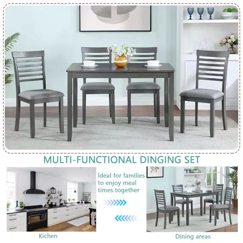 Comedor Moderno, Mesa Rectangular de Madera con Sillas Tapizadas, Comedor de Cocina, Gris