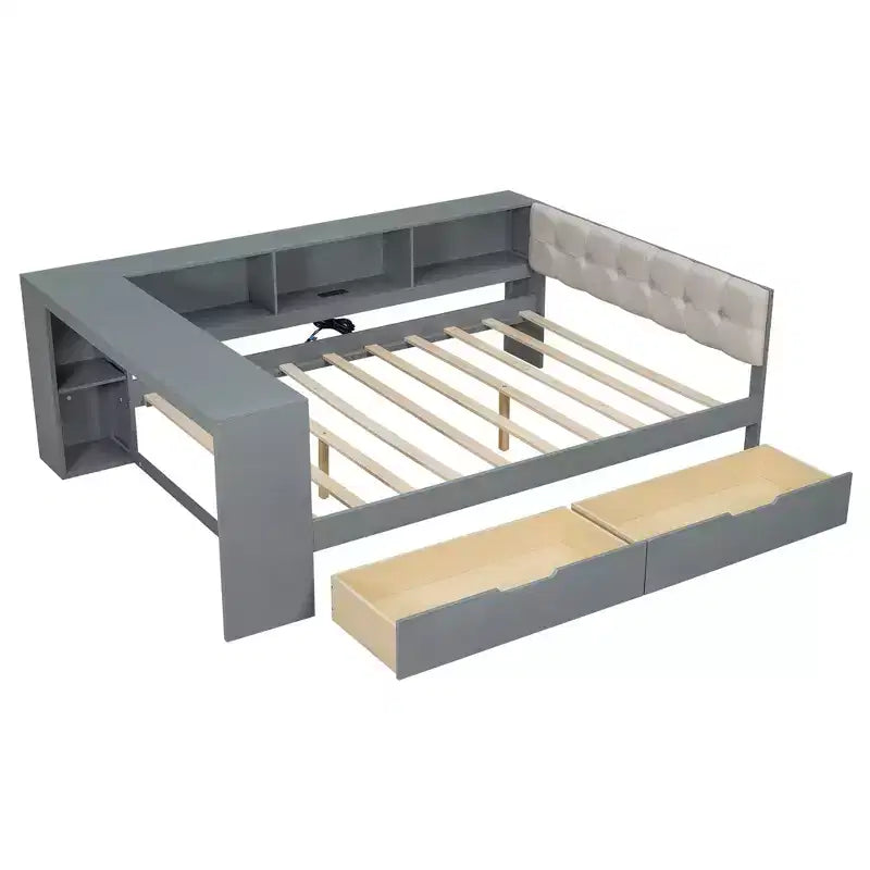 Cama de plataforma matrimonial con 2 cajones, estantes de almacenamiento, estación de carga y cabecero tapizado