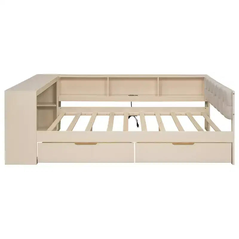 Cama de plataforma matrimonial con 2 cajones, estantes de almacenamiento, estación de carga y cabecero tapizado
