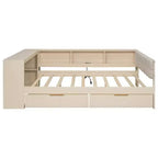 Cama de plataforma matrimonial con 2 cajones, estantes de almacenamiento, estación de carga y cabecero tapizado