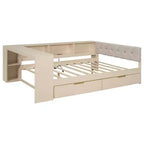 Cama de plataforma matrimonial con 2 cajones, estantes de almacenamiento, estación de carga y cabecero tapizado
