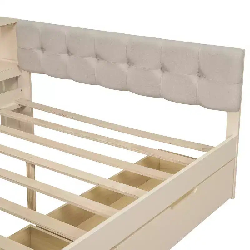 Cama de plataforma matrimonial con 2 cajones, estantes de almacenamiento, estación de carga y cabecero tapizado