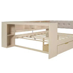 Cama de plataforma matrimonial con 2 cajones, estantes de almacenamiento, estación de carga y cabecero tapizado