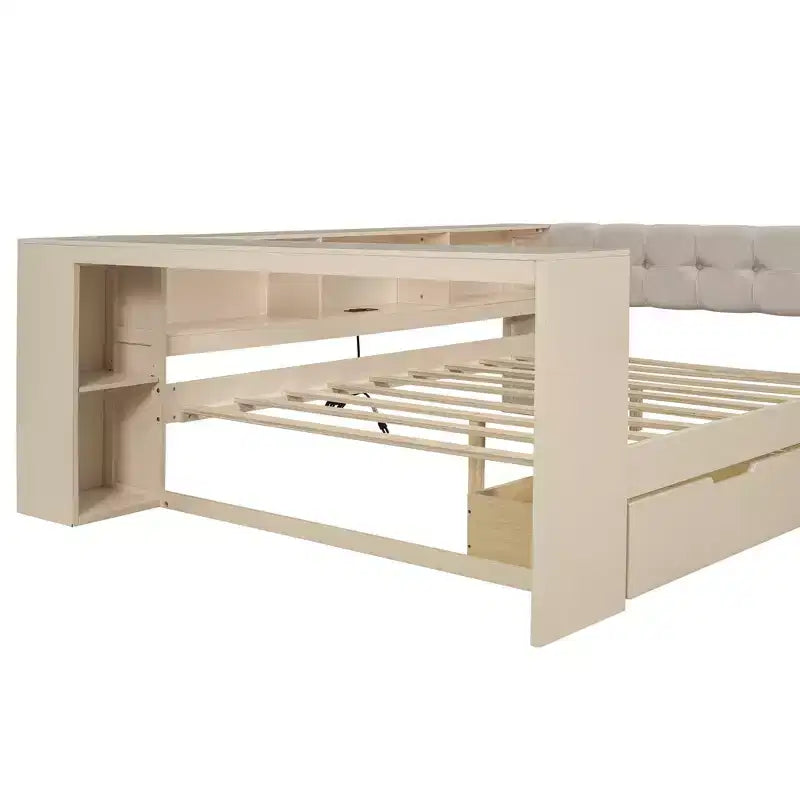 Cama de plataforma matrimonial con 2 cajones, estantes de almacenamiento, estación de carga y cabecero tapizado