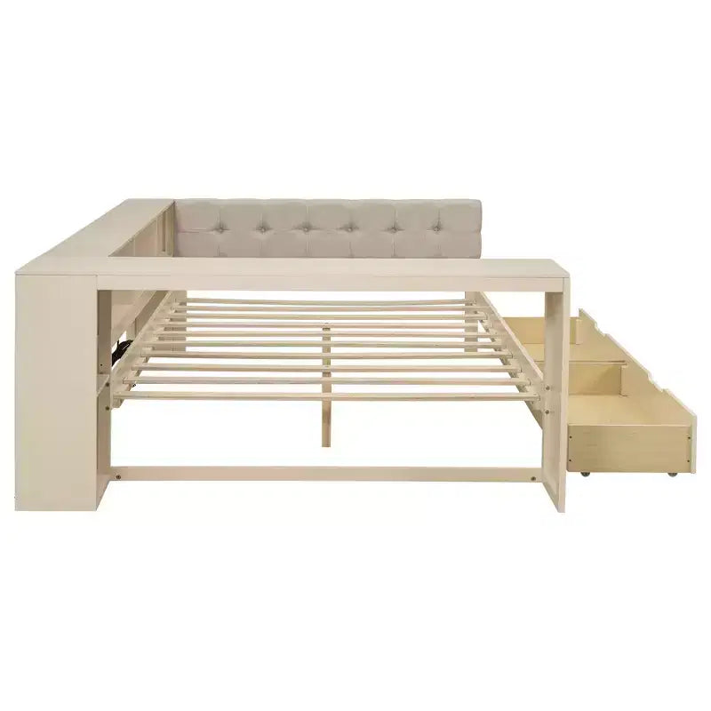 Cama de plataforma matrimonial con 2 cajones, estantes de almacenamiento, estación de carga y cabecero tapizado