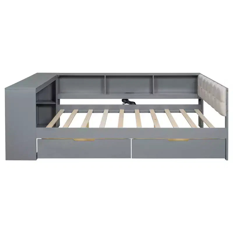 Cama de plataforma matrimonial con 2 cajones, estantes de almacenamiento, estación de carga y cabecero tapizado