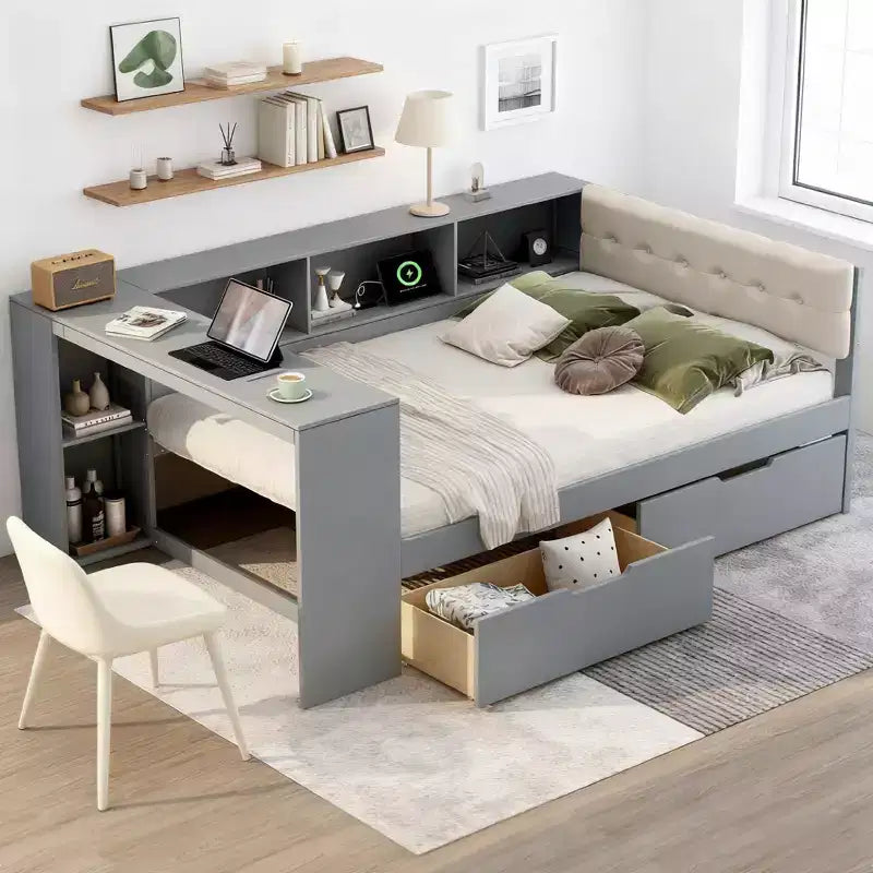 Cama de plataforma matrimonial con 2 cajones, estantes de almacenamiento, estación de carga y cabecero tapizado