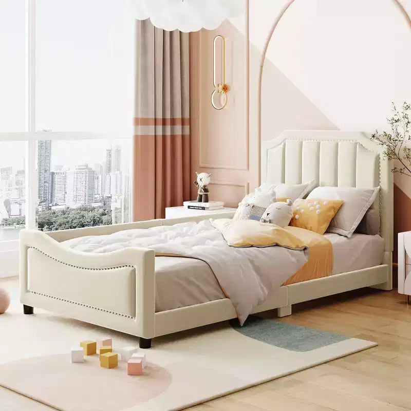 MAYEERTY Twin Size Upholstered Daybed, Rabbit Ear Headboard, Kids Bedroom, Pink