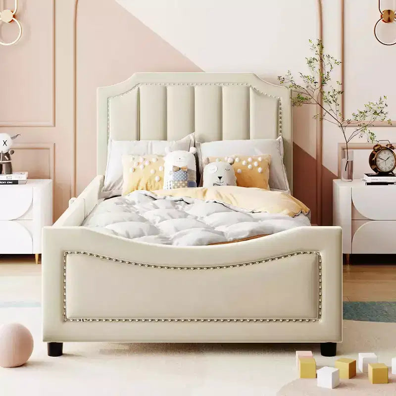 Cama de día tapizada tamaño Twin, cabecero con orejas de conejo, habitación infantil, rosa