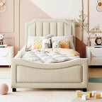 Cama de día tapizada tamaño Twin, cabecero con orejas de conejo, habitación infantil, rosa