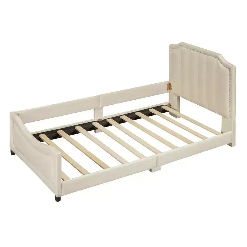 Cama de día tapizada tamaño Twin, cabecero con orejas de conejo, habitación infantil, rosa