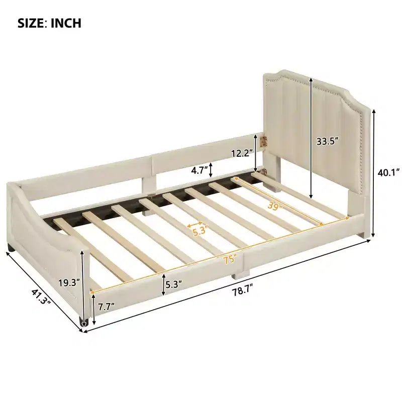 Cama de día tapizada tamaño Twin, cabecero con orejas de conejo, habitación infantil, rosa