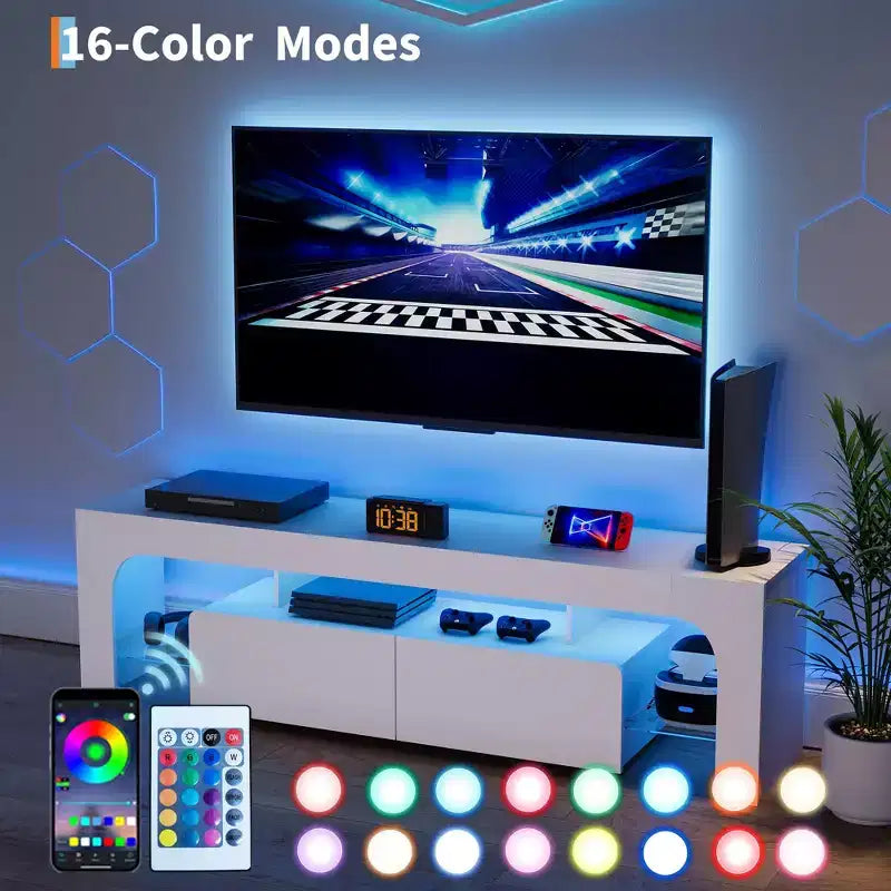 Mueble de TV estilo granja con luces y almacenamiento, centro de entretenimiento con 2 cajones y estantes ajustables para televisores de hasta 70 pulgadas