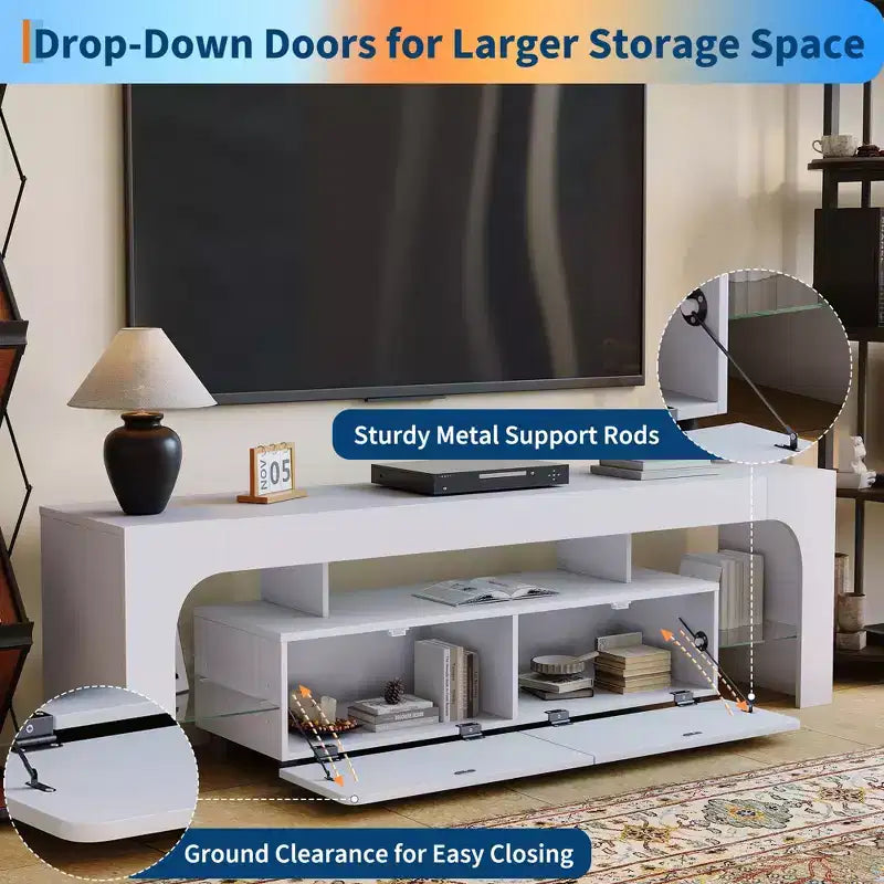 Mueble de TV estilo granja con luces y almacenamiento, centro de entretenimiento con 2 cajones y estantes ajustables para televisores de hasta 70 pulgadas