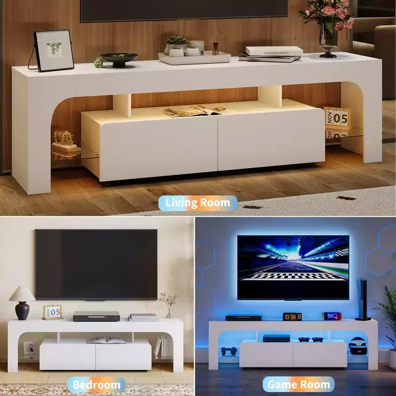 Mueble de TV estilo granja con luces y almacenamiento, centro de entretenimiento con 2 cajones y estantes ajustables para televisores de hasta 70 pulgadas