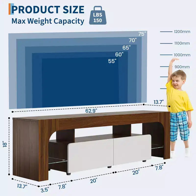 Mueble de TV estilo granja con luces y almacenamiento, centro de entretenimiento con 2 cajones y estantes ajustables para televisores de hasta 70 pulgadas