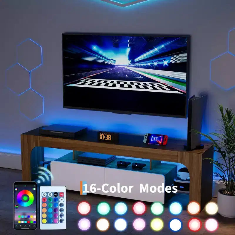Mueble de TV estilo granja con luces y almacenamiento, centro de entretenimiento con 2 cajones y estantes ajustables para televisores de hasta 70 pulgadas