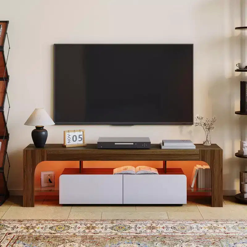 Mueble de TV estilo granja con luces y almacenamiento, centro de entretenimiento con 2 cajones y estantes ajustables para televisores de hasta 70 pulgadas