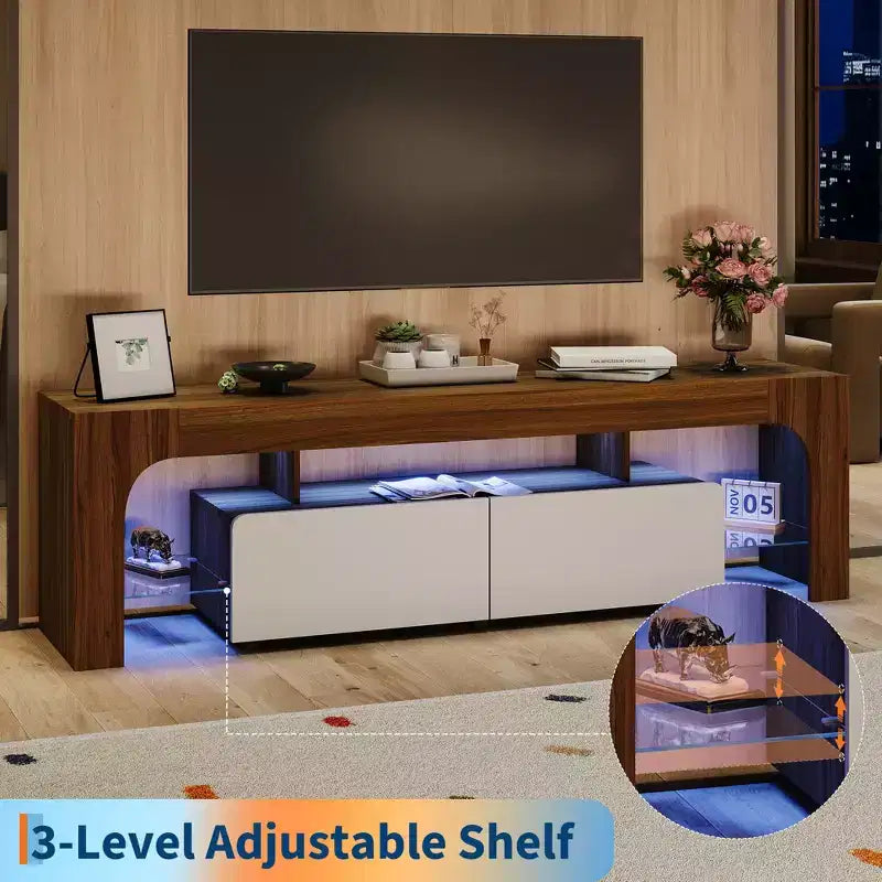 Mueble de TV estilo granja con luces y almacenamiento, centro de entretenimiento con 2 cajones y estantes ajustables para televisores de hasta 70 pulgadas