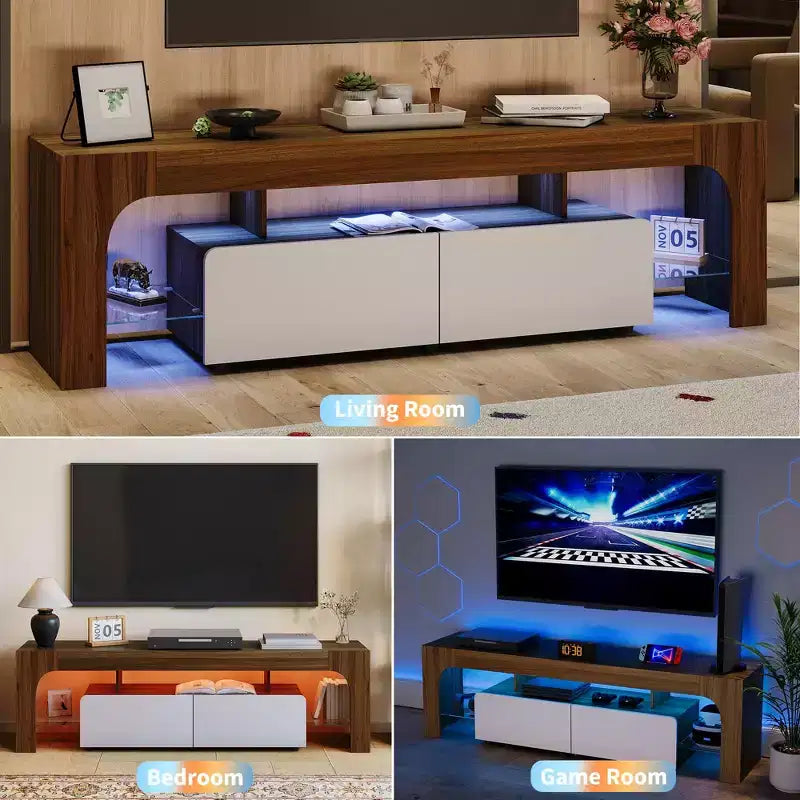 Mueble de TV estilo granja con luces y almacenamiento, centro de entretenimiento con 2 cajones y estantes ajustables para televisores de hasta 70 pulgadas