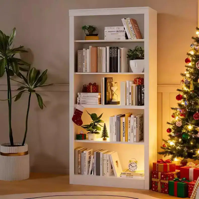 71 estantería alta blanca C, librería moderna de madera de 5 niveles para dormitorio, sala de estar y oficina