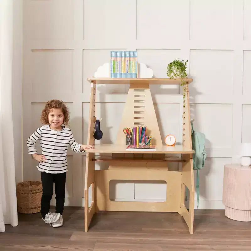 Escritorio de Madera "Crece Conmigo" para Sentarse o Estar de Pie, Ajustable, Mueble Montessori, Natural