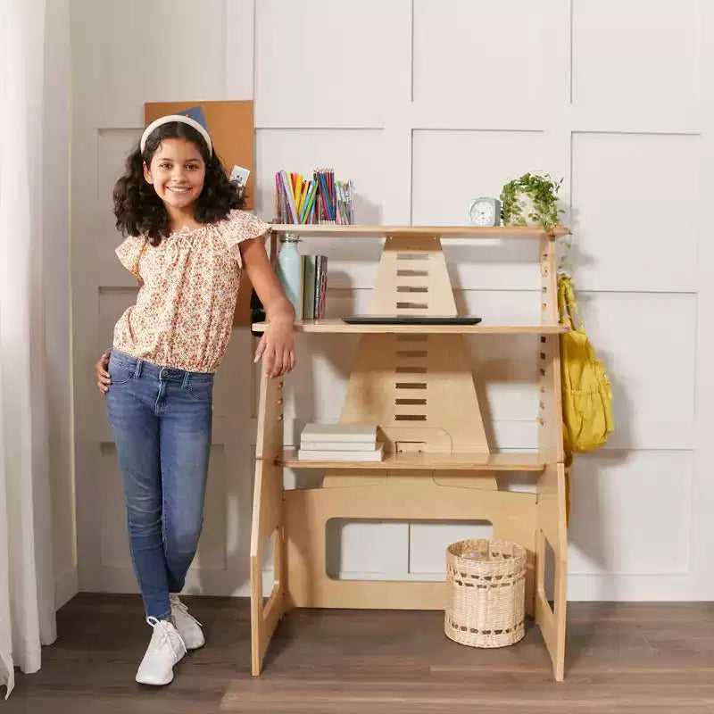 Escritorio de Madera "Crece Conmigo" para Sentarse o Estar de Pie, Ajustable, Mueble Montessori, Natural