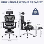 Silla de oficina ergonómica reclinable de malla con respaldo alto y reposapiés, soporte lumbar dinámico - Silla giratoria para el hogar y juegos, negra