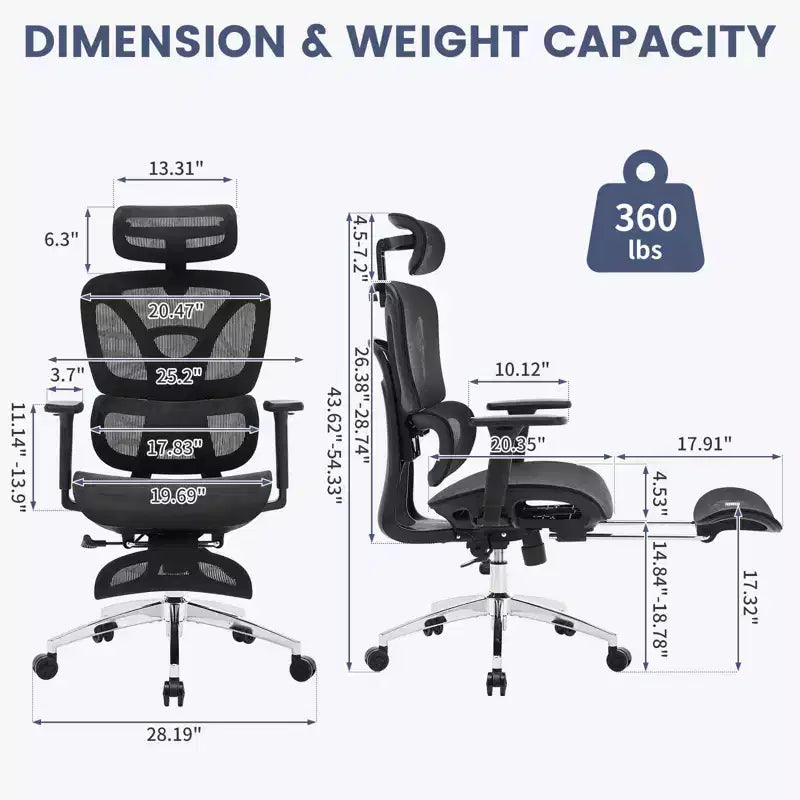 Silla de oficina ergonómica reclinable de malla con respaldo alto y reposapiés, soporte lumbar dinámico - Silla giratoria para el hogar y juegos, negra