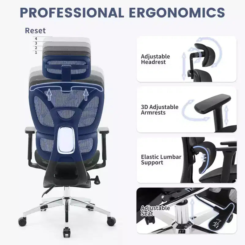 Silla de oficina ergonómica reclinable de malla con respaldo alto y reposapiés, soporte lumbar dinámico - Silla giratoria para el hogar y juegos, negra