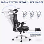 Silla de oficina ergonómica reclinable de malla con respaldo alto y reposapiés, soporte lumbar dinámico - Silla giratoria para el hogar y juegos, negra