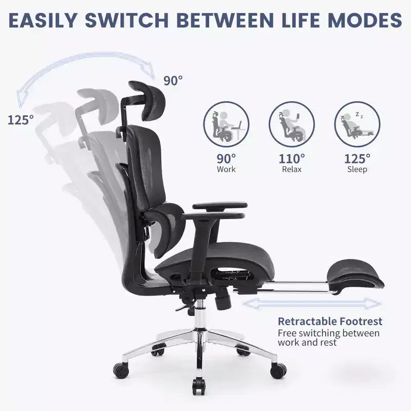 Silla de oficina ergonómica reclinable de malla con respaldo alto y reposapiés, soporte lumbar dinámico - Silla giratoria para el hogar y juegos, negra