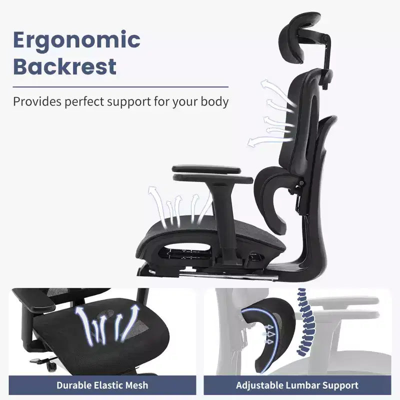 Silla de oficina ergonómica reclinable de malla con respaldo alto y reposapiés, soporte lumbar dinámico - Silla giratoria para el hogar y juegos, negra