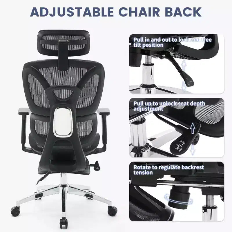Silla de oficina ergonómica reclinable de malla con respaldo alto y reposapiés, soporte lumbar dinámico - Silla giratoria para el hogar y juegos, negra