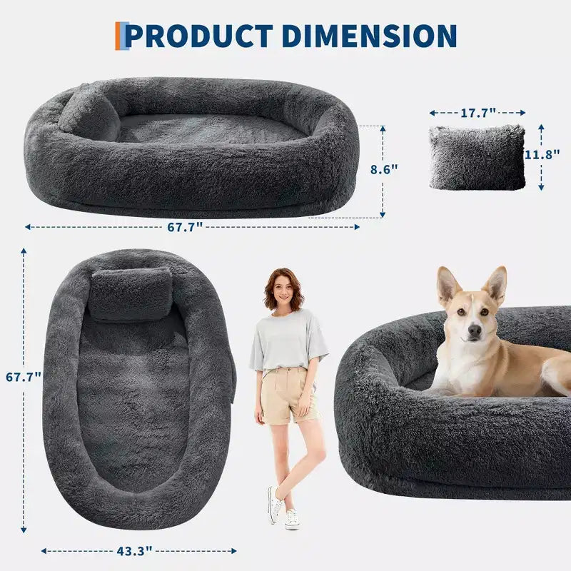 Cama para Perros para Humanos y Mascotas, 67x43x8 Cama para Perros Tamaño Humano con Almohada y Asa Portátil, Cama Ortopédica Lavable de Pelo Sintético para Perros