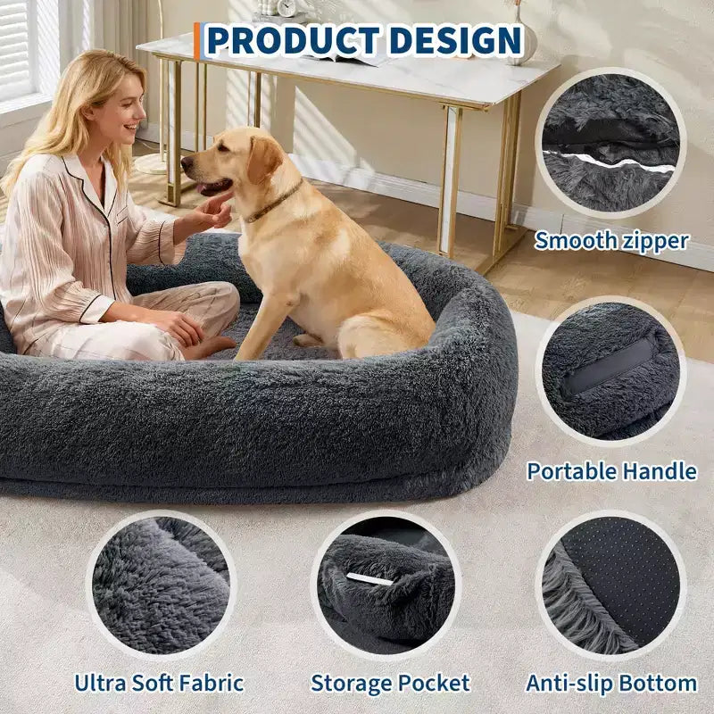 Cama para Perros para Humanos y Mascotas, 67x43x8 Cama para Perros Tamaño Humano con Almohada y Asa Portátil, Cama Ortopédica Lavable de Pelo Sintético para Perros