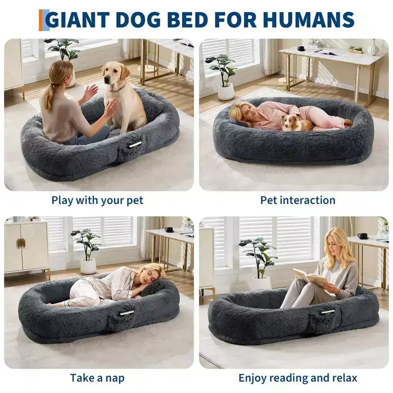 Cama para Perros para Humanos y Mascotas, 67x43x8 Cama para Perros Tamaño Humano con Almohada y Asa Portátil, Cama Ortopédica Lavable de Pelo Sintético para Perros
