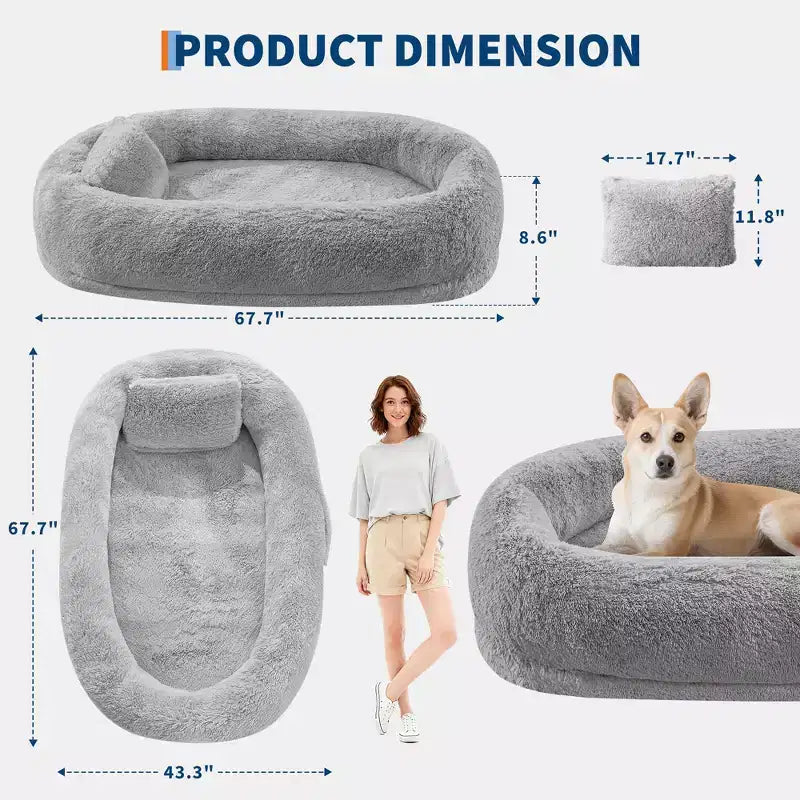 Cama para Perros para Humanos y Mascotas, 67x43x8 Cama para Perros Tamaño Humano con Almohada y Asa Portátil, Cama Ortopédica Lavable de Pelo Sintético para Perros