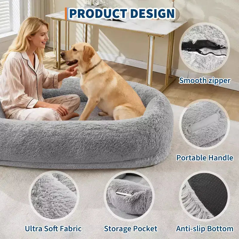 Cama para Perros para Humanos y Mascotas, 67x43x8 Cama para Perros Tamaño Humano con Almohada y Asa Portátil, Cama Ortopédica Lavable de Pelo Sintético para Perros