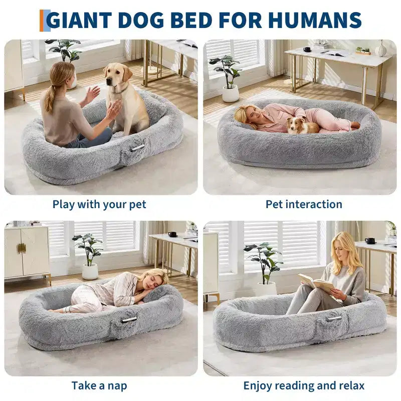 Cama para Perros para Humanos y Mascotas, 67x43x8 Cama para Perros Tamaño Humano con Almohada y Asa Portátil, Cama Ortopédica Lavable de Pelo Sintético para Perros
