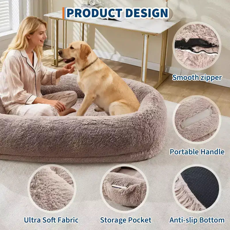 Cama para Perros para Humanos y Mascotas, 67x43x8 Cama para Perros Tamaño Humano con Almohada y Asa Portátil, Cama Ortopédica Lavable de Pelo Sintético para Perros